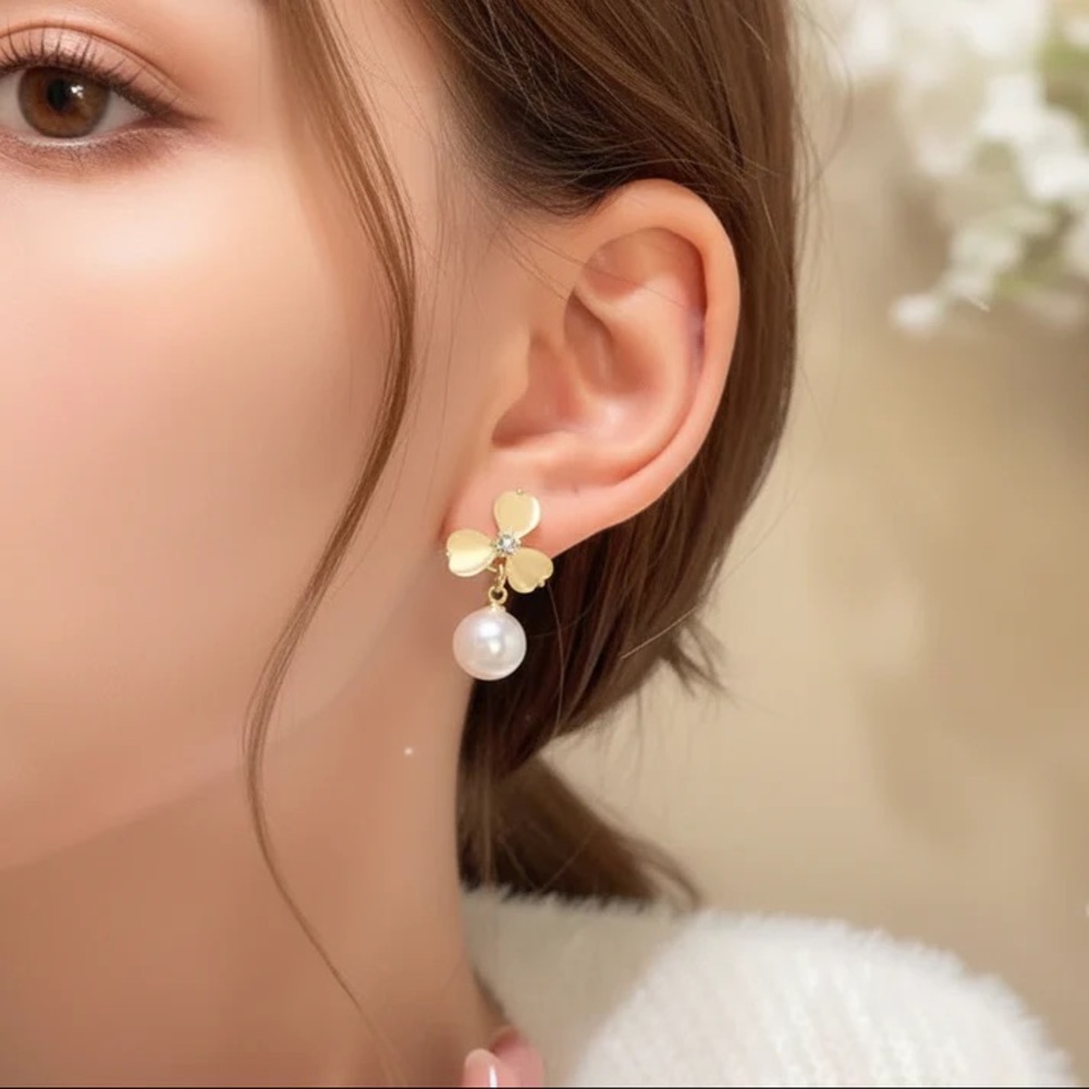 Gold Floral Pearl Drop Earrings